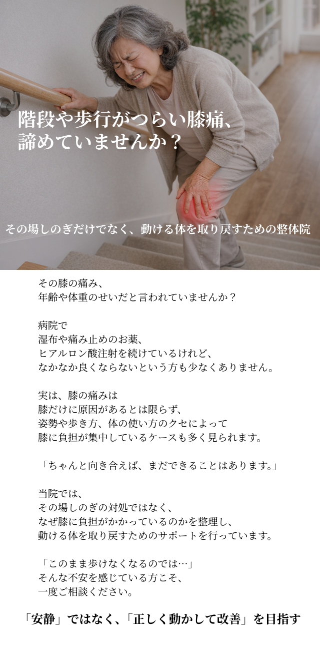 階段の上り下りで膝の痛みに悩む女性の様子｜辻堂Shin整体院