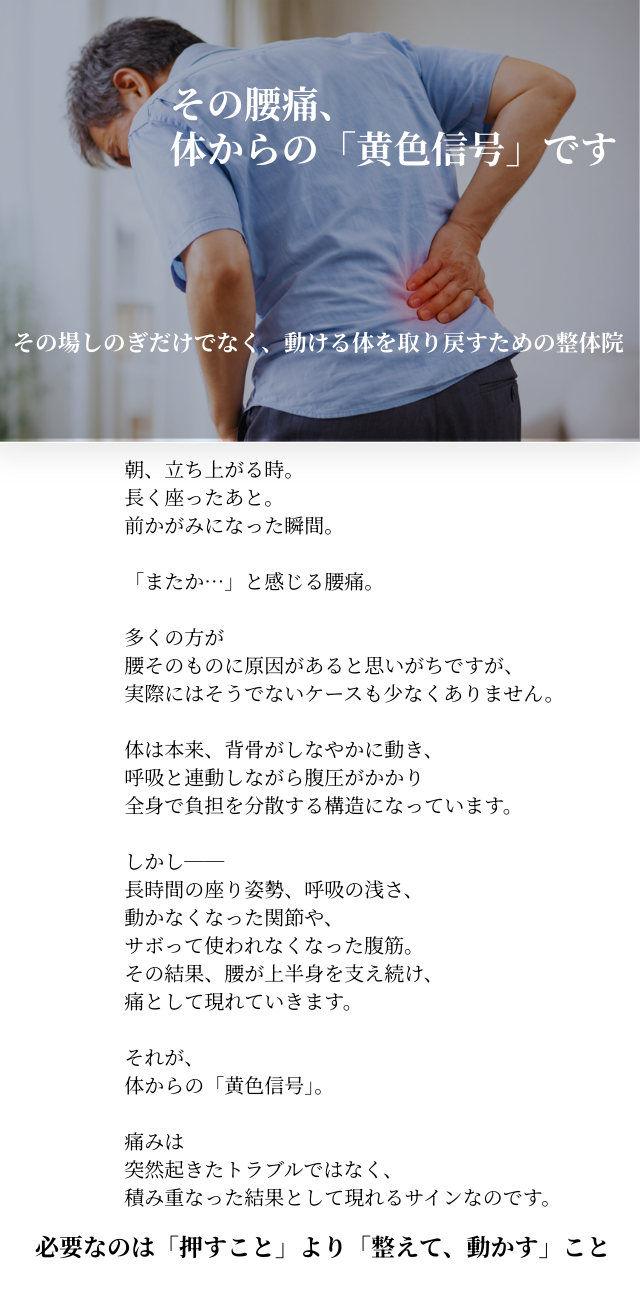 腰を押さえながら前かがみになる50代男性の後ろ姿。腰痛に悩む日常の様子